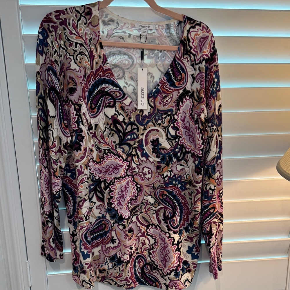 Chico's Paisley V-Neck Long Sleeve Knit Top - Pink, Navy, Cream NWT